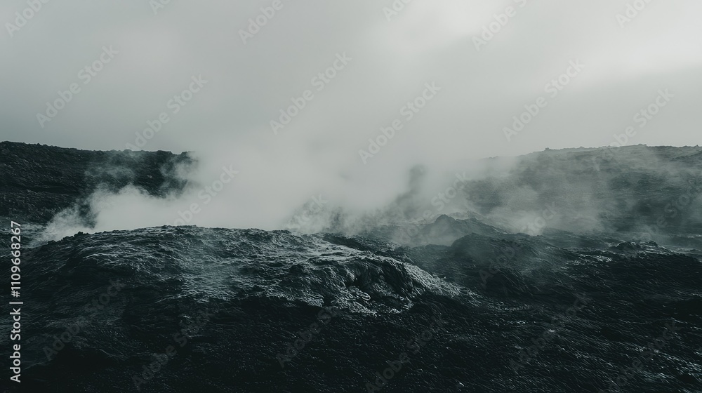 Misty volcanic landscape showcasing surreal rocky terrain with steam rising, creating an atmospheric scene, ideal for nature and geology themes, evoking raw earth power. Misty volcanic landscape showcasing surreal rocky terrain with steam rising, creating an atmospheric scene, ideal for nature and geology themes, evoking raw earth power.