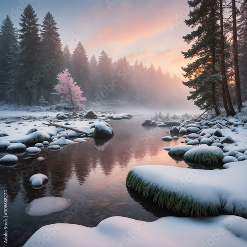 Frosty Riverside: A Winter Morning with Glimmering Water and Snow photo