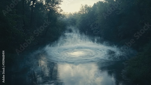 Serene Morning Scene of Swirling Mist Over Calm River with Circular Water Patterns and Lush Green Forest Background Inviting Tranquility and Nature's Beauty