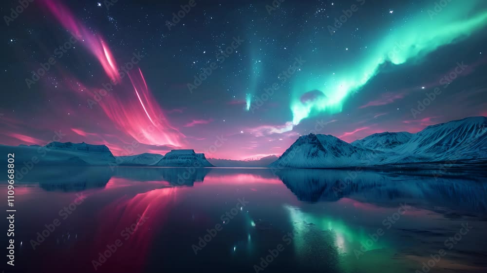 Aurora borealis or northern lights in the night sky over snowy mountains and reflecting in the water Aurora borealis or northern lights in the night sky over snowy mountains and reflecting in the water