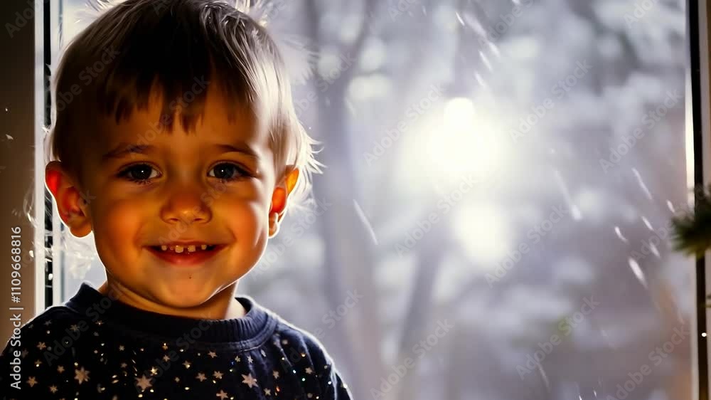 Young boy is smiling at the camera in front of a Christmas tree. Concept of warmth and joy, as the child's smile suggests that he is happy and excited about the holiday season Young boy is smiling at the camera in front of a Christmas tree. Concept of warmth and joy, as the child's smile suggests that he is happy and excited about the holiday season