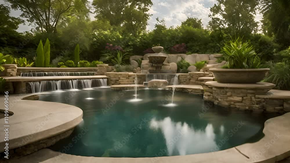 Modern Swimming Pool with Cascading Water Features and Stone Landscaping Modern Swimming Pool with Cascading Water Features and Stone Landscaping