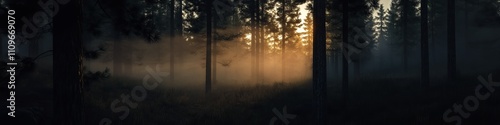 A magical forest scene with mist, sunlight peeking through tall trees, and a serene, mystical atmosphere,perfect for cover banner or header