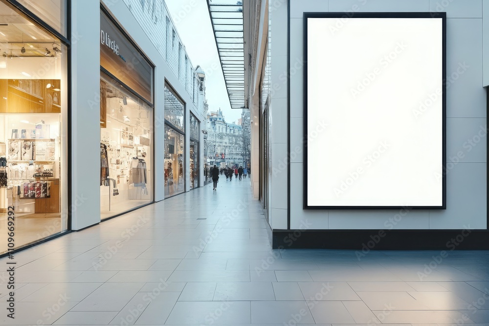 A minimalist shop window features a large empty ad frame, surrounded by pristine white stone floors and walls, highlighting a contemporary shopping experience that is inviting and elegant A minimalist shop window features a large empty ad frame, surrounded by pristine white stone floors and walls, highlighting a contemporary shopping experience that is inviting and elegant