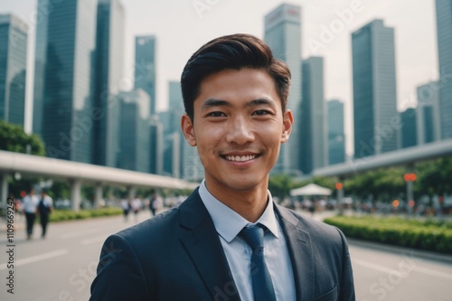 Close portrait of a smiling young Singaporean businessman looking at the camera, Singaporean big city outdoors blurred background