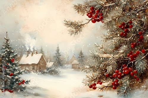 Vintage Victorian Christmas greeting card with snowy pine branches, red berries, and a rustic winter village scene in soft beige and blue tones