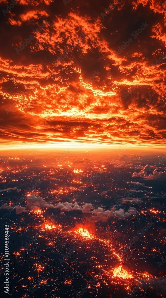 Breathtaking Aerial View of a Fiery Sunset Over a Landscape with Dramatic Clouds and Glowing Earth Below, Capturing Nature's Intensity and Beauty Breathtaking Aerial View of a Fiery Sunset Over a Landscape with Dramatic Clouds and Glowing Earth Below, Capturing Nature's Intensity and Beauty