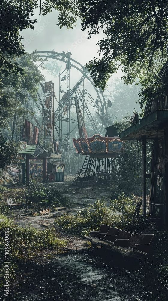 Abandoned Amusement Park with Rusty Rides Surrounded by Overgrown Vegetation and Misty Atmosphere, Evoking Nostalgia and Eerie Beauty in Nature's Embrace Abandoned Amusement Park with Rusty Rides Surrounded by Overgrown Vegetation and Misty Atmosphere, Evoking Nostalgia and Eerie Beauty in Nature's Embrace