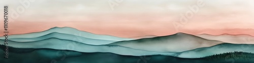 Soft pastel-colored mountain landscape with layers of hills and misty valleys at dawn, perfect for cover banner or header