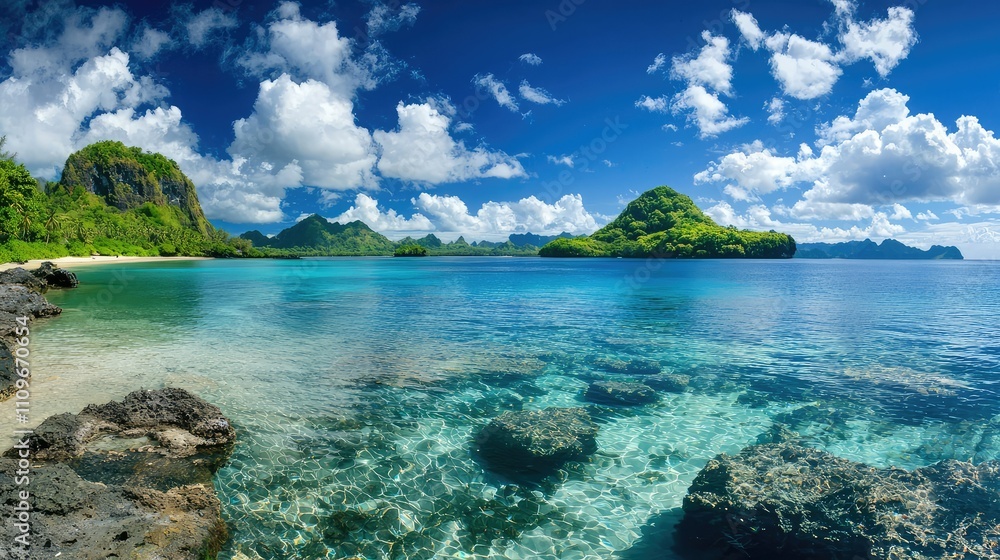 Fototapeta premium Serene Tropical Landscape with Crystal Clear Waters, Lush Green Hills, and Dramatic Cloudy Sky Over Stunning Island and Rocky Shoreline