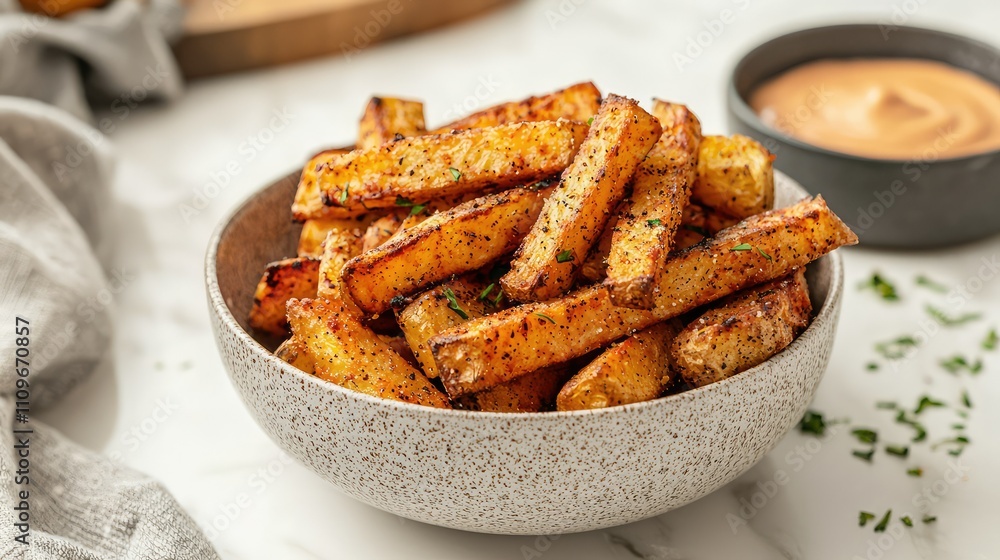 Crispy Golden French Fries Served in a Textured Bowl with a Side of Creamy Dipping Sauce on a Light Marble Surface Crispy Golden French Fries Served in a Textured Bowl with a Side of Creamy Dipping Sauce on a Light Marble Surface
