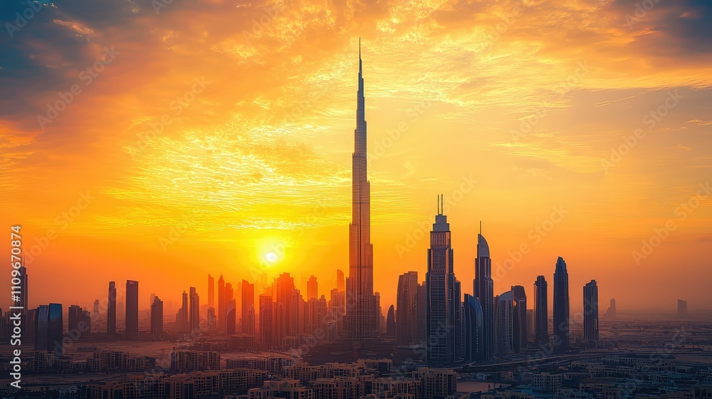 Fototapeta premium Majestic sunset view over a vibrant city skyline featuring tall skyscrapers under a colorful sky with clouds, highlighting architectural wonders and urban beauty