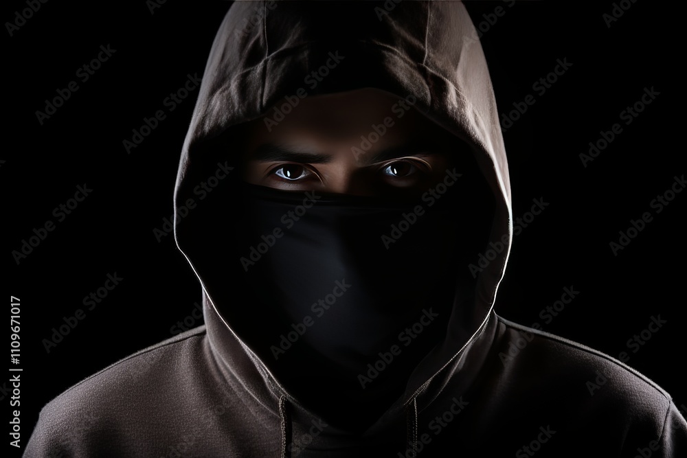 Mysterious figure shrouded in darkness with intense gaze at night. Generative AI Mysterious figure shrouded in darkness with intense gaze at night. Generative AI