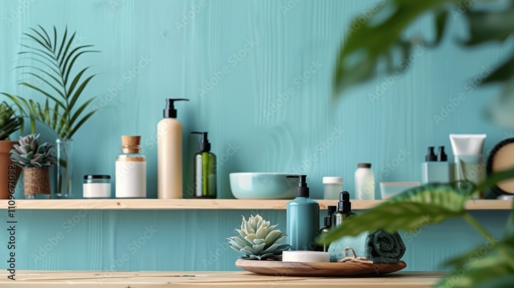Bathroom accessories and plants on wooden shelves against a blue wall Bathroom accessories and plants on wooden shelves against a blue wall
