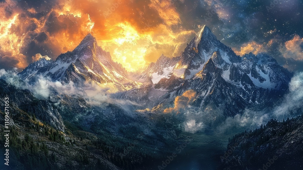 Obraz premium Majestic Mountain Landscape with Dramatic Sunrise, Vibrant Colors, and Misty Atmosphere, Ideal for Nature Lovers and Outdoor Enthusiasts Seeking Adventure