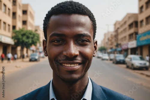 Close portrait of a smiling young Sudanese businessman looking at the camera, Sudanese big city outdoors blurred background