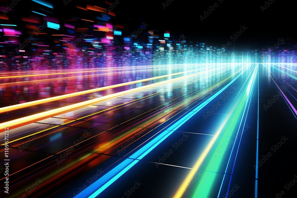 Obraz premium Colorful light trails create a vivid digital landscape at night. Generative AI