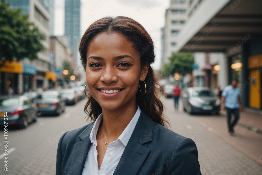 Close portrait of a smiling young Surinamese businesswoman looking at the camera, Surinamese big city outdoors blurred background Close portrait of a smiling young Surinamese businesswoman looking at the camera, Surinamese big city outdoors blurred background