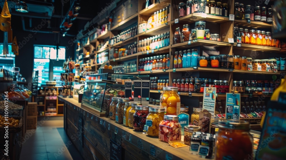 Rustic store shelves with jars and natural products on display