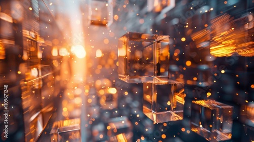 Abstract glass cubes with golden lights and bokeh effect