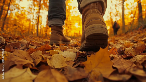 Autumn Hike Boots on Fallen Leaves Path Woods Walk