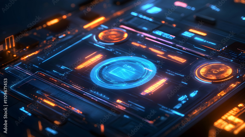 A glowing futuristic interface with circular blue and orange data streams in a cutting-edge control room. A glowing futuristic interface with circular blue and orange data streams in a cutting-edge control room.