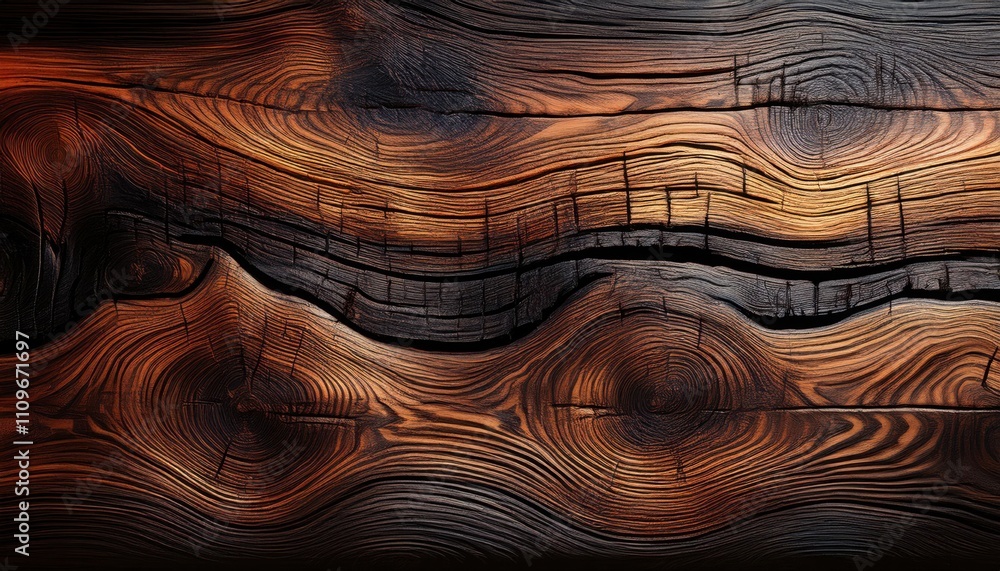 Naklejka premium Close-up macro shot of textured, brown burned wooden surface with visible grain patterns, perfect for natural design backgrounds