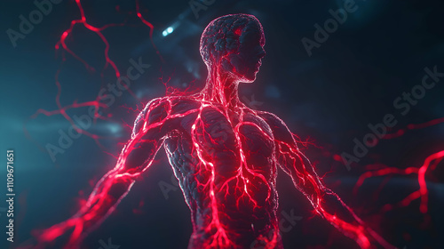 A glowing human figure with red and pink vascular pathways, emphasizing vitality and health.