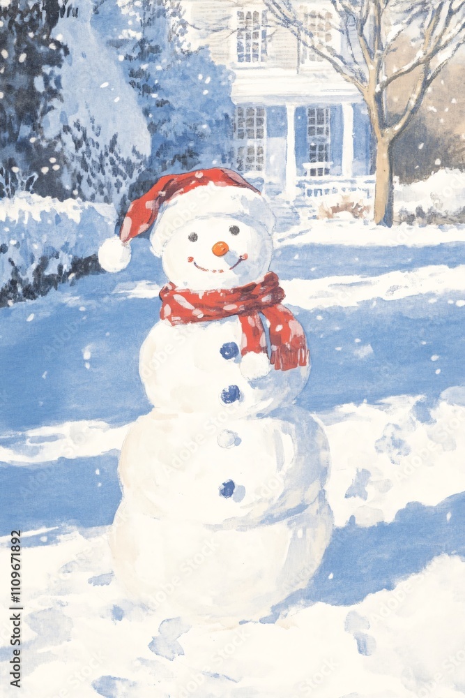 Fototapeta premium Cheerful snowman with Santa hat and scarf in snowy yard. Winter holiday scene with white house. Christmas decoration for greeting cards, invitations, and festive designs.