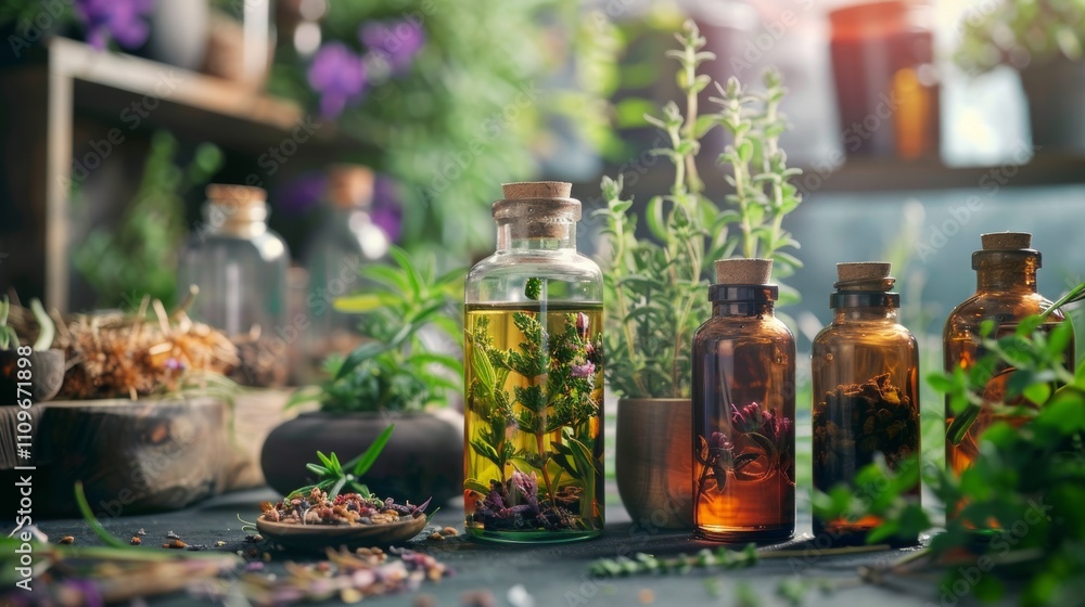 Herbal glass bottles with natural ingredients in a garden Herbal glass bottles with natural ingredients in a garden