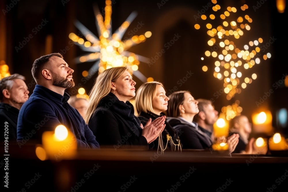 Obraz premium Un grupo de personas sentadas en una iglesia, rodeados de velas encendidas y luces cálidas en un ambiente espiritual. 