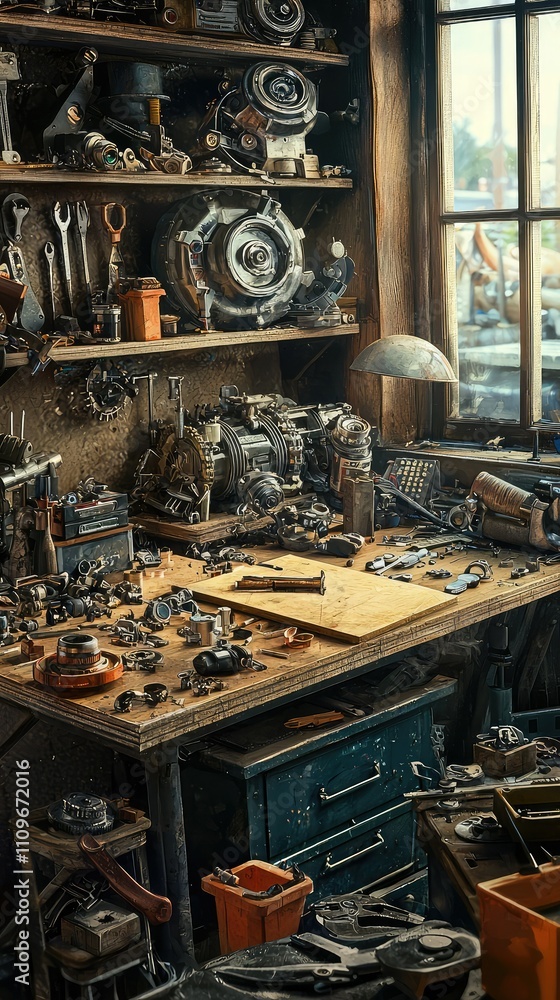 Cozy Workshop with Tools and Parts Spread Out on a Table Surrounded by Old Machinery and a Bright Window Overlooking a Sunny Day Cozy Workshop with Tools and Parts Spread Out on a Table Surrounded by Old Machinery and a Bright Window Overlooking a Sunny Day