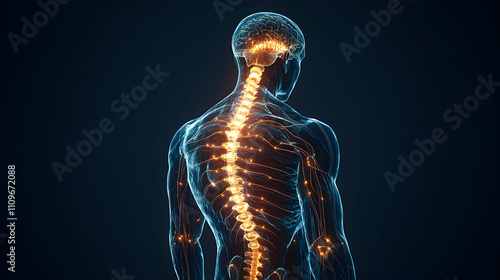 A glowing human body highlighting the spinal cord with illuminated neural pathways, emphasizing connectivity.