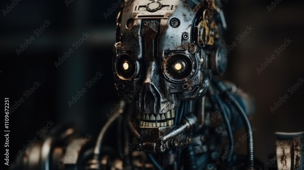 Fototapeta premium Rusty Terminator: A Close-Up of a Futuristic, Grungy Robot