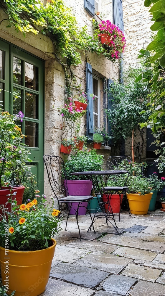 Charming Garden Courtyard with Colorful Flower Pots and Cozy Seating in a Lush Green Environment bathed in Natural Light, Perfect for Relaxation and Inspiration Charming Garden Courtyard with Colorful Flower Pots and Cozy Seating in a Lush Green Environment bathed in Natural Light, Perfect for Relaxation and Inspiration