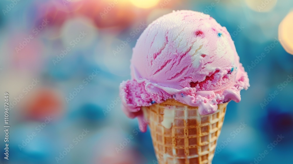 Pink ice cream cone with colorful background and soft lighting Pink ice cream cone with colorful background and soft lighting
