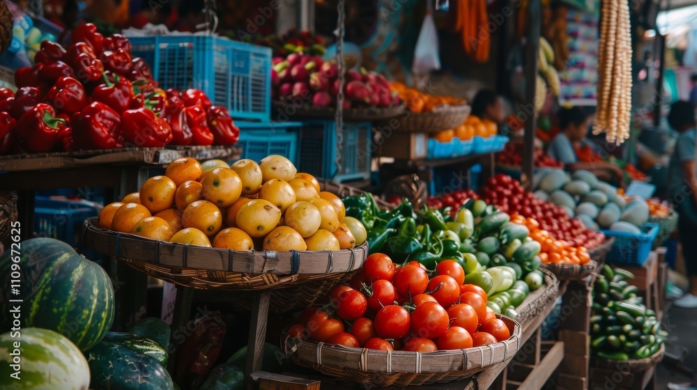 Vibrant display of fruits and vegetables at a bustling market Vibrant display of fruits and vegetables at a bustling market