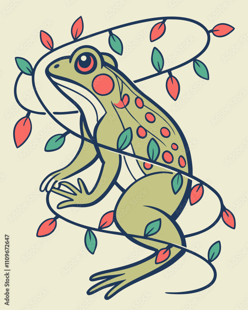 Fototapeta premium Enchanted Frog: A whimsical illustration of a charming frog adorned with vibrant, swirling vines and berries. Perfect for nature lovers and whimsical designs.