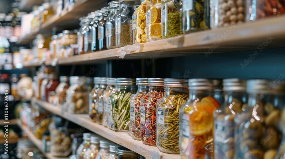 Jars filled with spices and dried goods neatly arranged on shelves