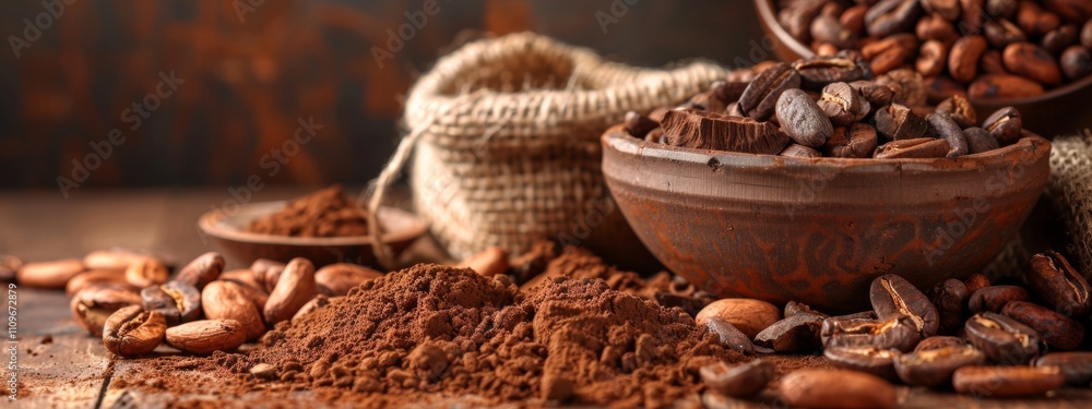 Obraz premium Cocoa beans and powder in rustic setting with burlap sack