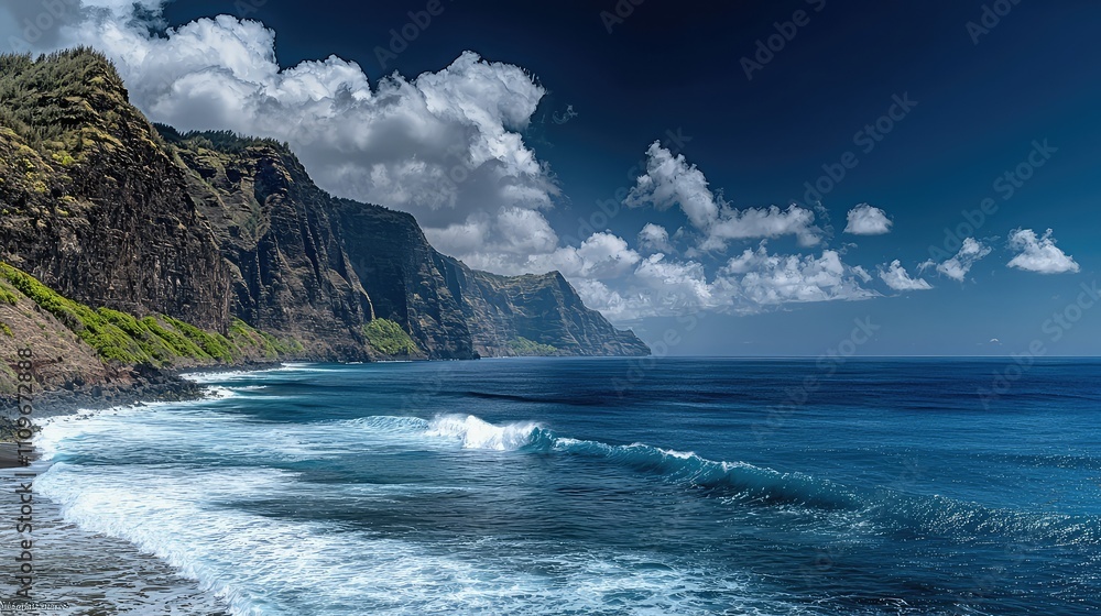 Breathtaking Coastal View of Majestic Cliffs and Serene Ocean Waves Under a Vibrant Sky with Wispy Clouds on a Sunny Day in Paradise Breathtaking Coastal View of Majestic Cliffs and Serene Ocean Waves Under a Vibrant Sky with Wispy Clouds on a Sunny Day in Paradise
