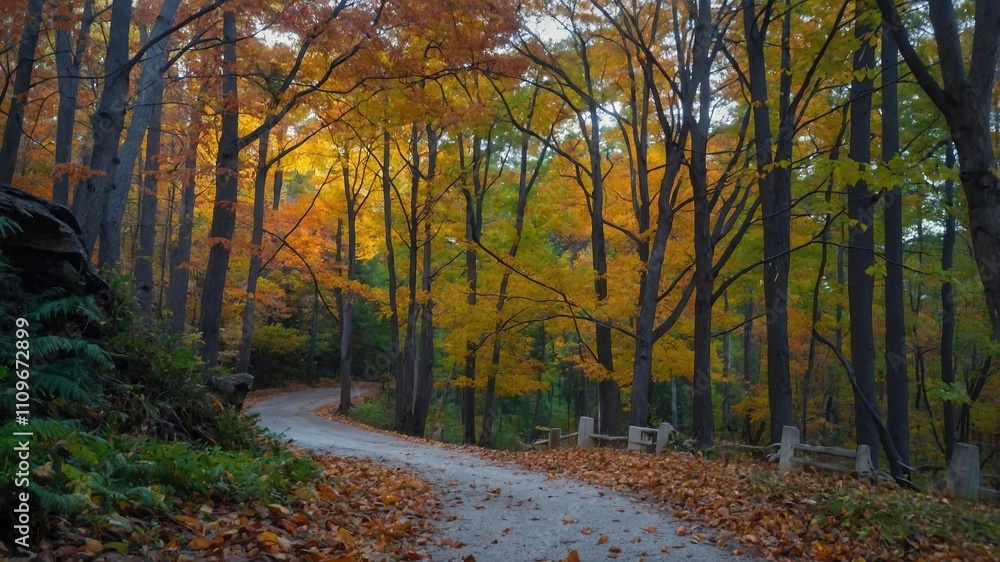 Obraz premium Camino curvo en un entorno boscoso, rodeado de vegetación verde y luz solar suave con árboles