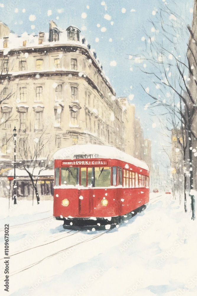 Naklejka premium Red tram on snowy city street. Winter urban scene with vintage streetcar. European architecture. Christmas holiday atmosphere. Nostalgic cityscape for greeting cards