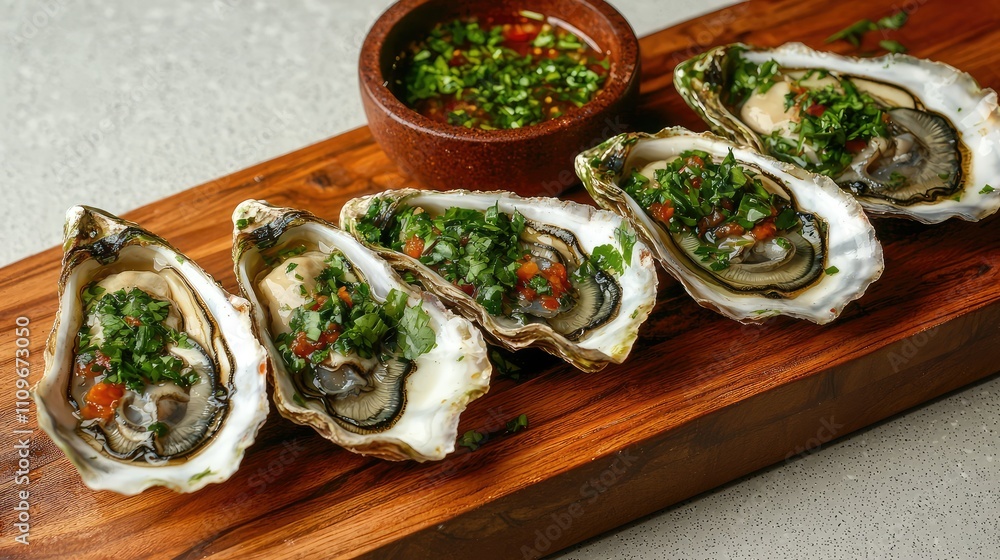 Freshly Served Oysters on a Wooden Platter with Green Herb Topping and Spicy Sauce for a Gourmet Culinary Experience Freshly Served Oysters on a Wooden Platter with Green Herb Topping and Spicy Sauce for a Gourmet Culinary Experience