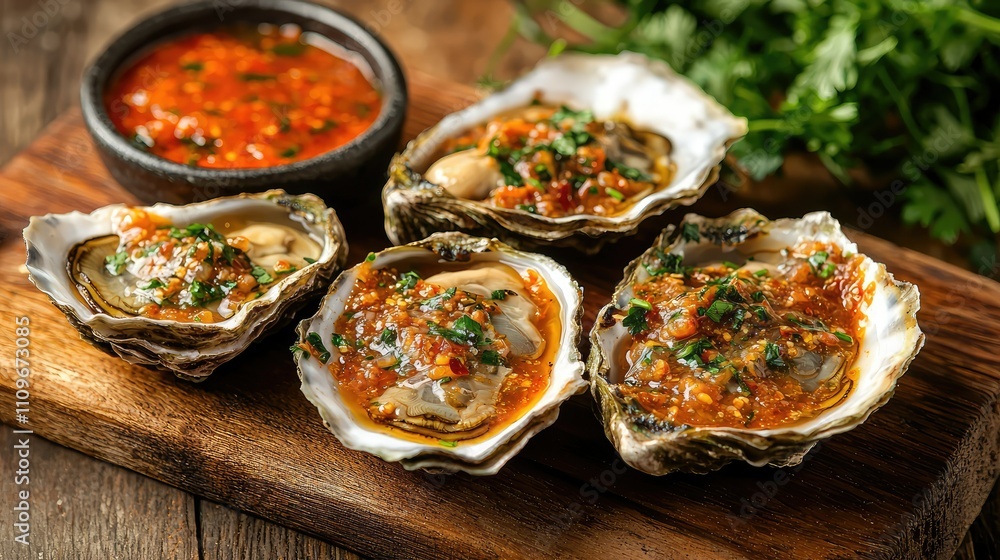 Freshly Shucked Oysters on a Wooden Board with Spicy Sauce and Herbs Perfect for Culinary Presentation and Seafood Lovers' Delights Freshly Shucked Oysters on a Wooden Board with Spicy Sauce and Herbs Perfect for Culinary Presentation and Seafood Lovers' Delights