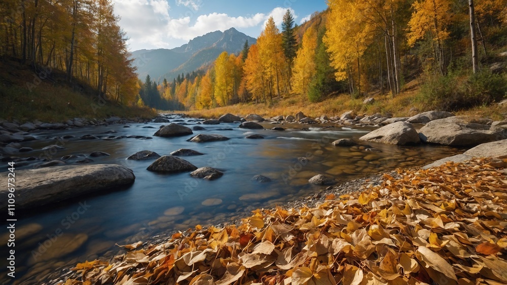 Bosque en otoño con río tranquilo y árboles con hojas de colores vibrantes. Al fondo una montaña con el cielo azul Bosque en otoño con río tranquilo y árboles con hojas de colores vibrantes. Al fondo una montaña con el cielo azul