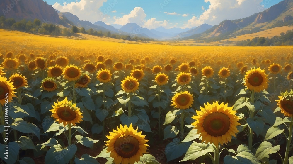 Obraz premium Field with sunflowers at sunny summer day. Illustration