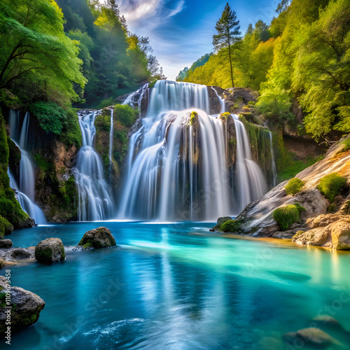 waterfall on mountain river with blue water