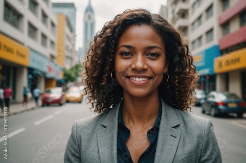 Close portrait of a smiling young Trinidadian businesswoman looking at the camera, Trinidadian big city outdoors blurred background