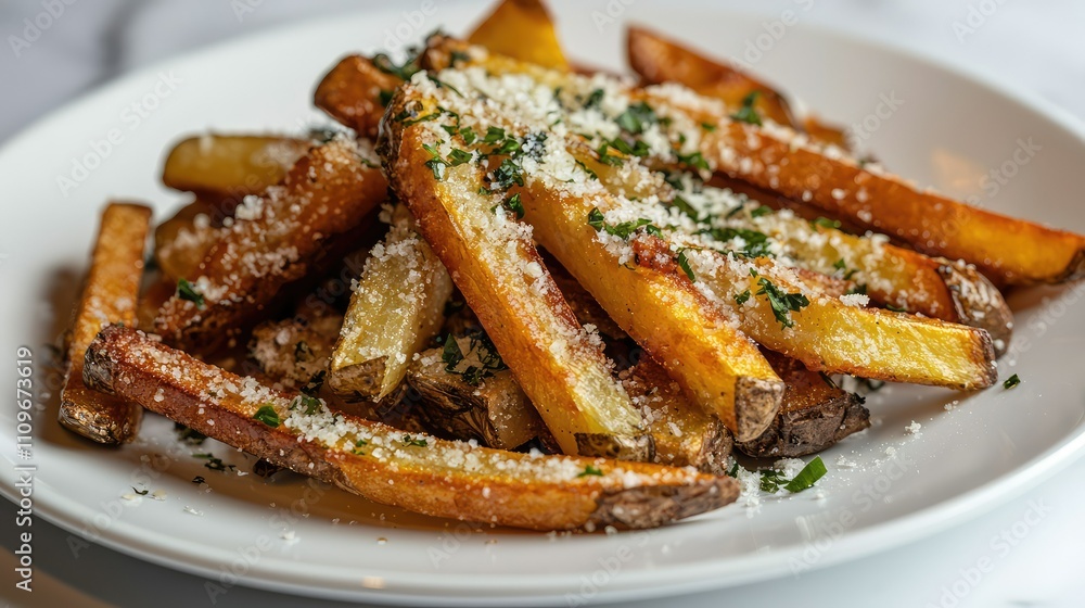 Delicious and Crispy French Fries Topped with Parmesan Cheese and Fresh Herbs on a White Plate Perfect for Food Lovers and Culinary Enthusiasts Delicious and Crispy French Fries Topped with Parmesan Cheese and Fresh Herbs on a White Plate Perfect for Food Lovers and Culinary Enthusiasts